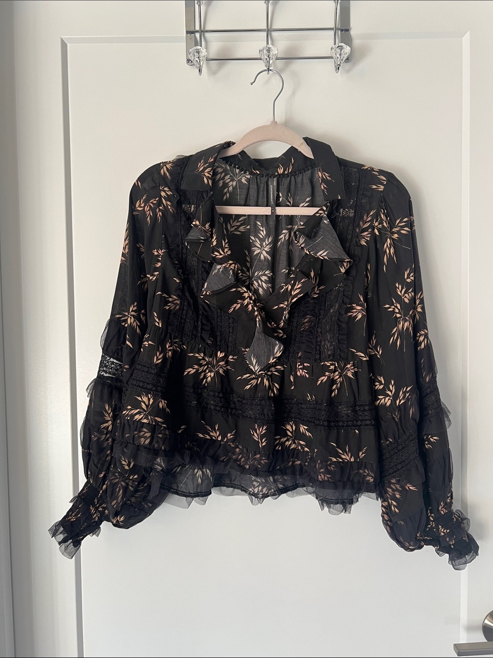 Anthropologie Women's Black Floral Ruffle Blouse